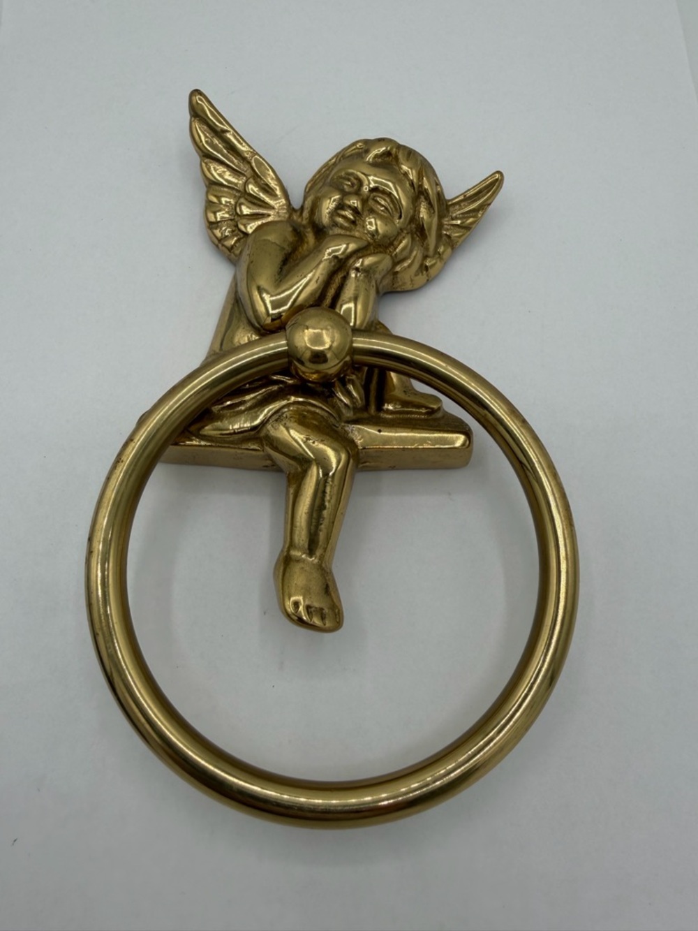 Vintage - BRASS ANGEL - Cherub Towel Ring or Drapery Holder Decor Home Metal